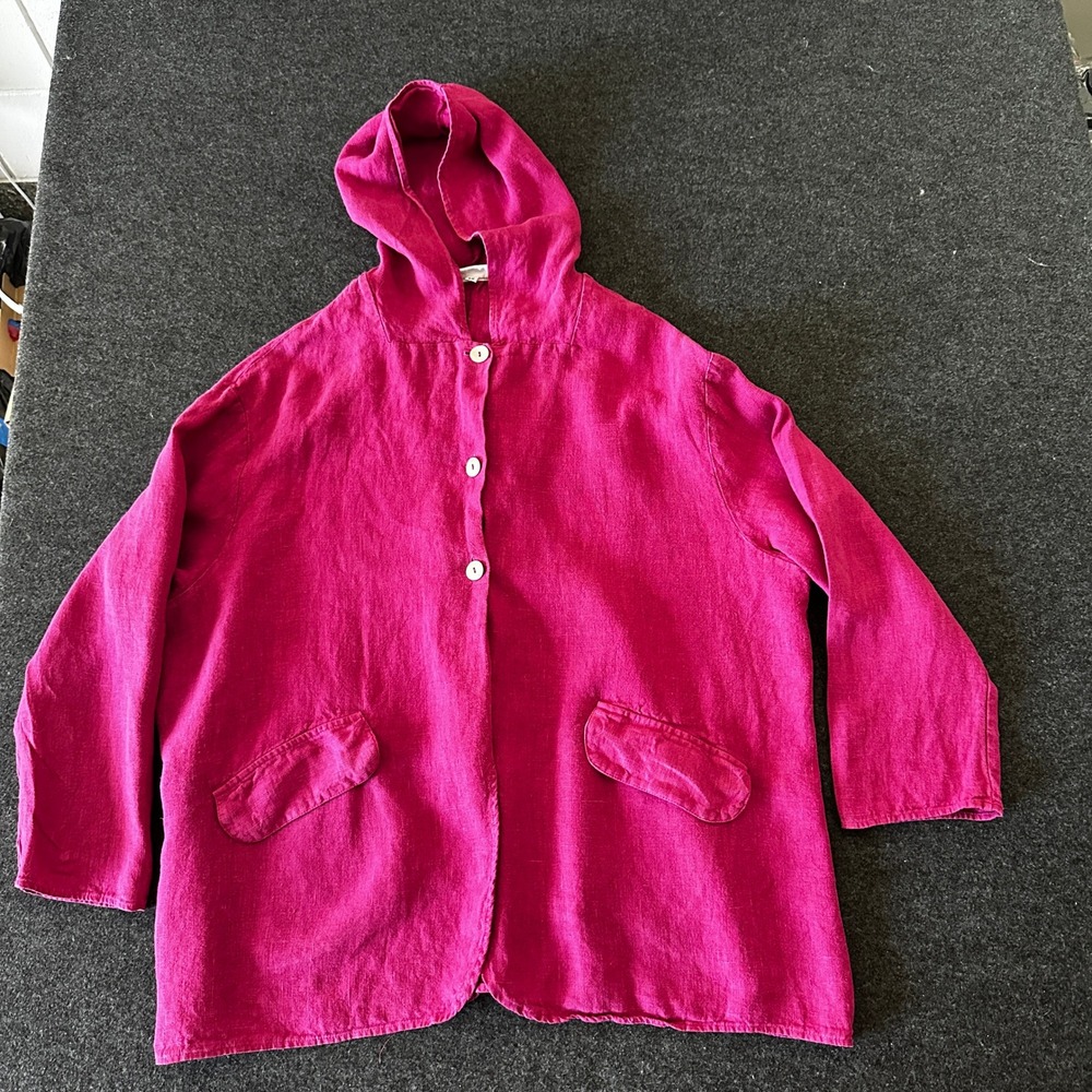 Bryn Walker Magenta Pink 100% Linen Hooded Button Front Jacket Plus Size 1X USA